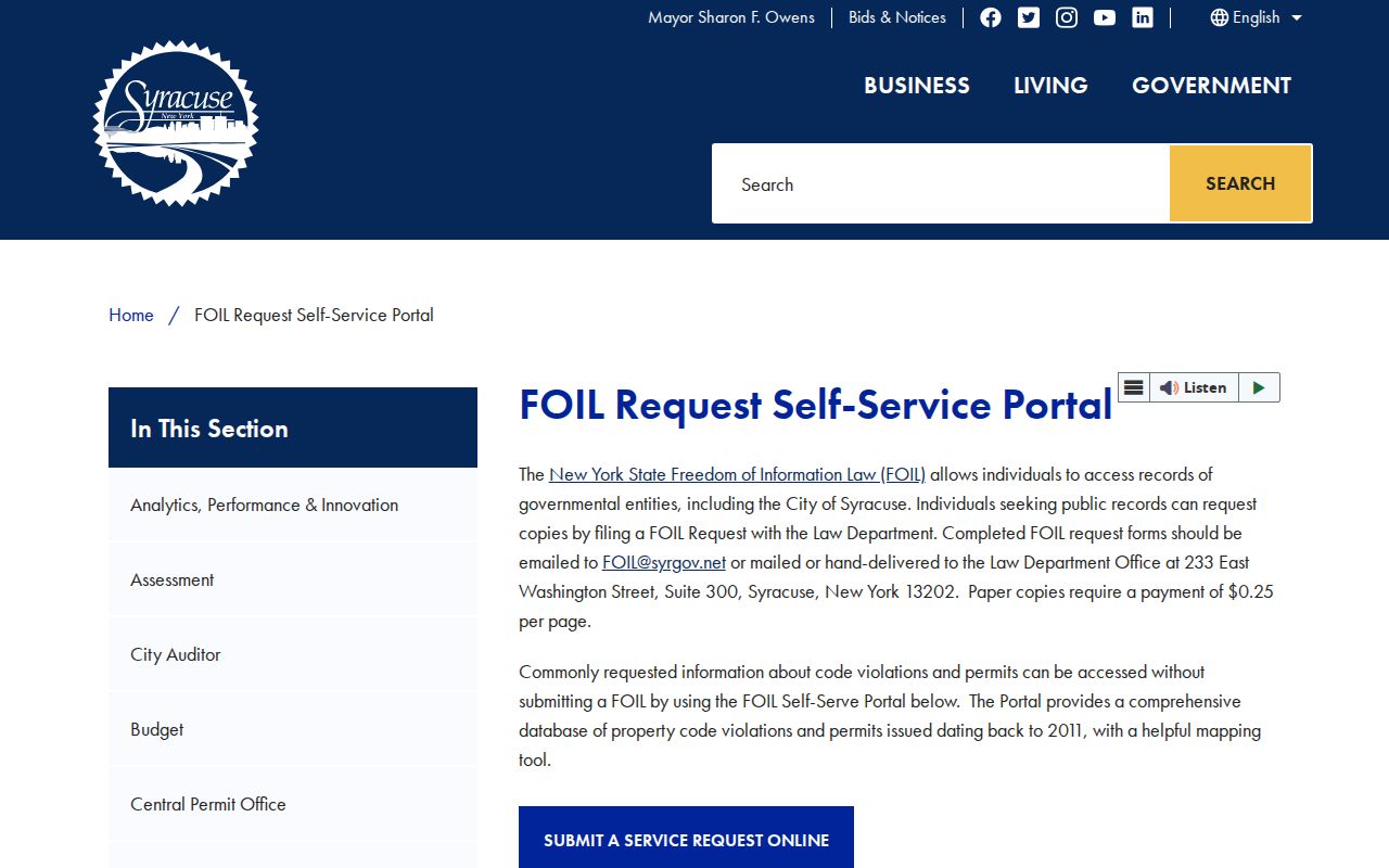 Syracuse residents directory city FOIL records request information